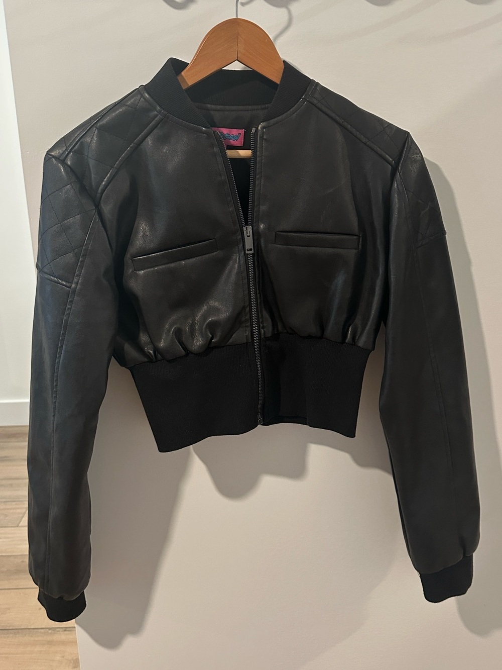 Edikted Women's Black Cropped Faux Leather Bomber Jacket